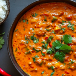 A bowl of Vegetable Tikka Masala with rice and naan on a wooden table.