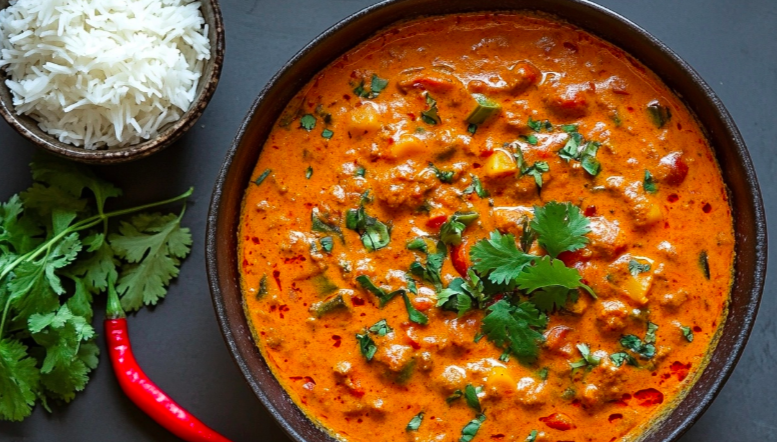 A bowl of Vegetable Tikka Masala with rice and naan on a wooden table.