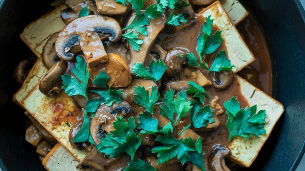 Vegan Mushroom Bordelaise with Tofu,